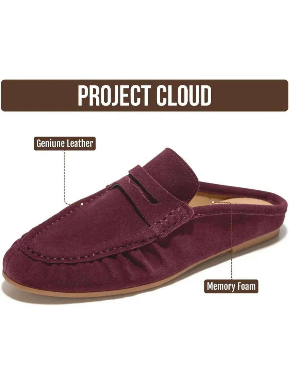 🆕Women's Burgundy Genuine Leather Penny Loafers Mules with Memory Foam Insole